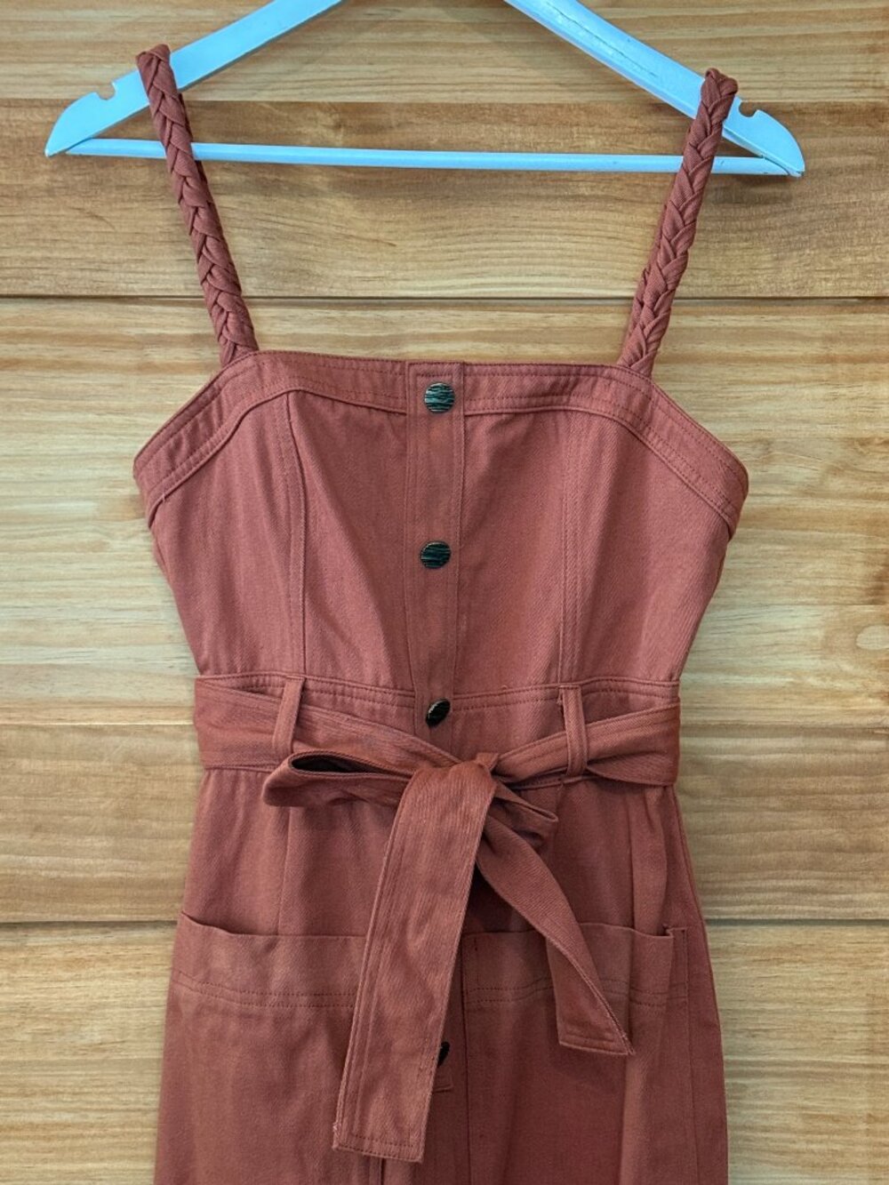 Storia Rust Braided Strap Tie Waist Wide Leg Cotton Utility Jumpsuit size S - Picture 3 of 6